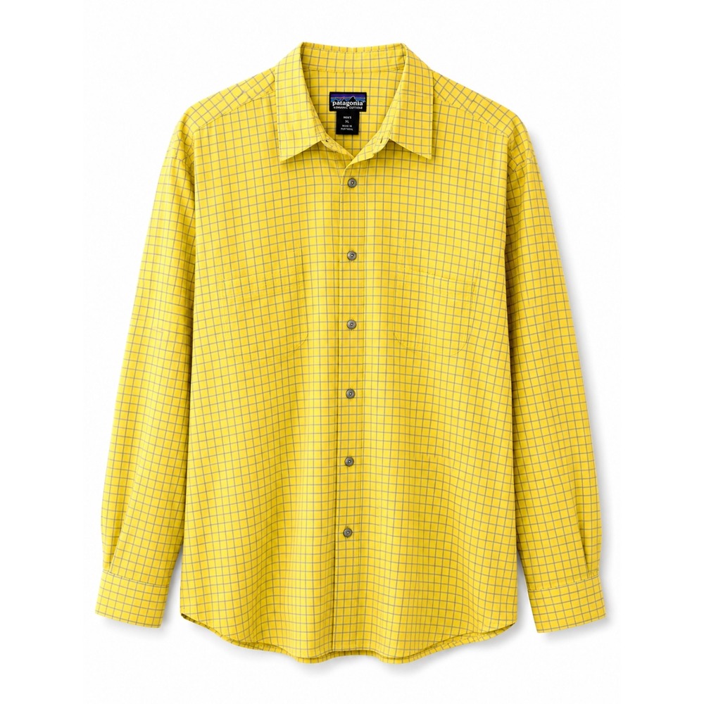 Patagonia Organic Cotton Yellow Blue Windowpane Plaid Button Front Shirt XL